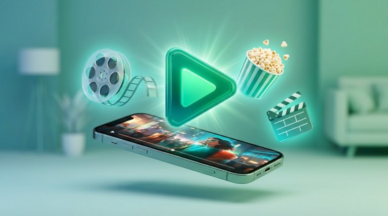 App zum Ansehen von Filmen auf dem Handy mit Popcorn und Filmklappe.